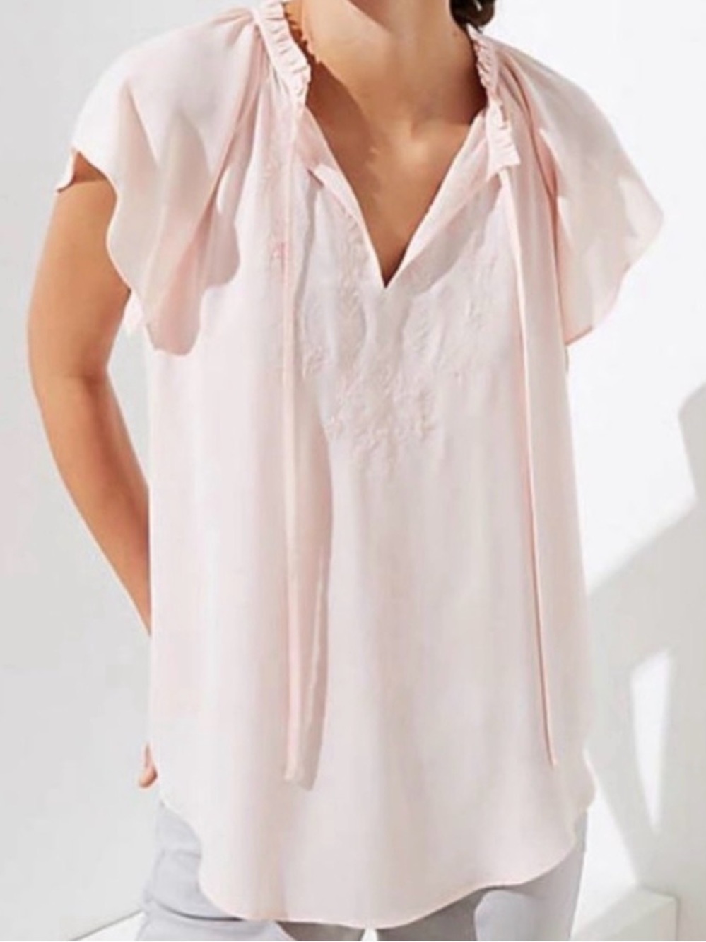 LOFT Embroidered Tie Neck Blouse with Flutter Sleeve in pale pink - sz Small